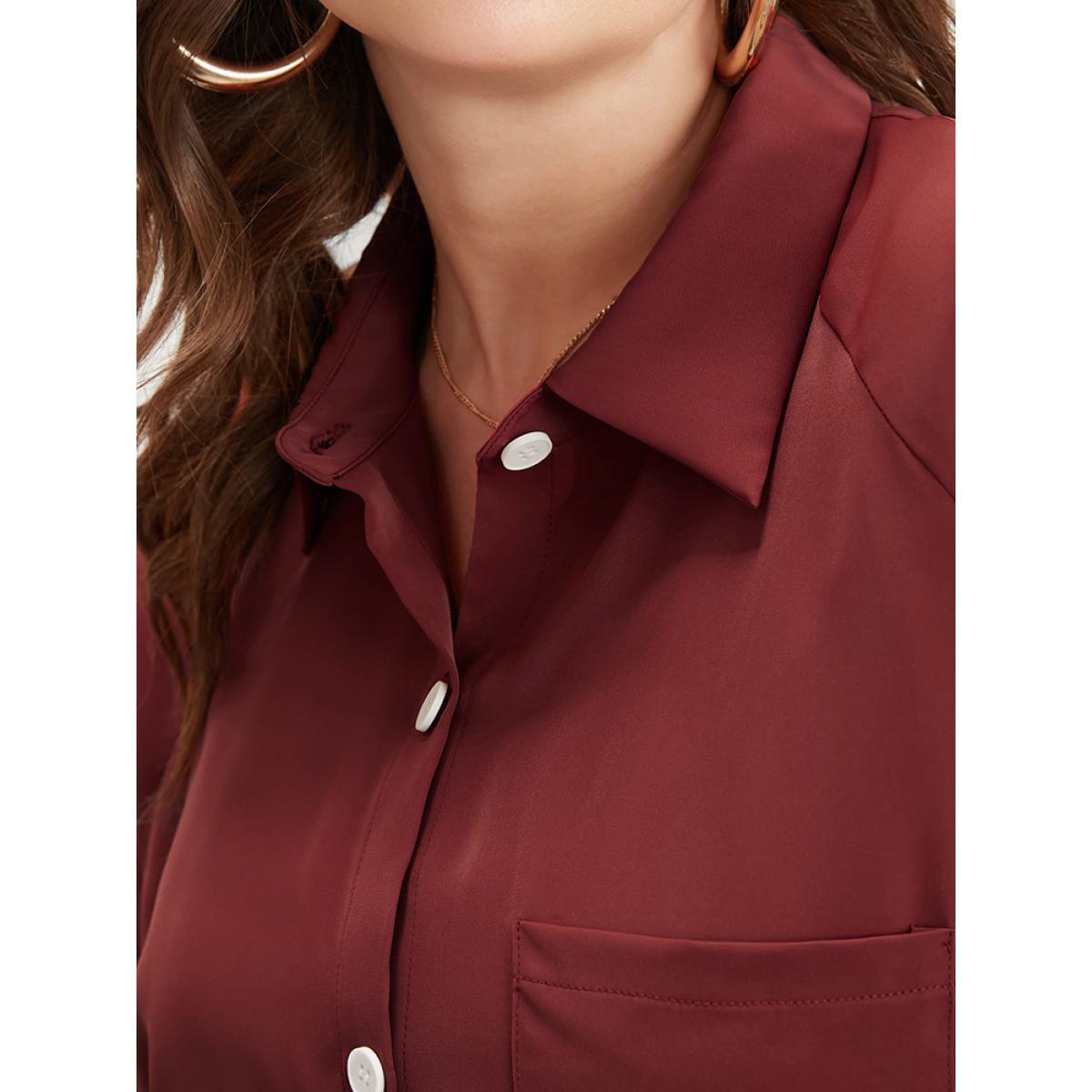 Plus Size Russet Solid Shirred Pocket Button Up High Low Hem Blouse Women Office Long Sleeve Shirt collar Work Blouses BloomChic 22-24/3X Product Image