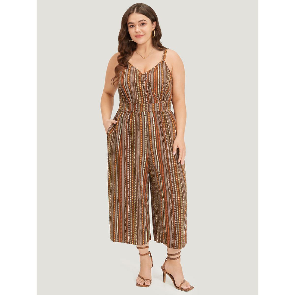 Plus Size DarkBrown Bandana Print Pocket Adjustable Straps Wrap Cami Jumpsuit Women Elegant Sleeveless Spaghetti Strap Dailywear Loose Jumpsuits BloomChic 14-16/1X Product Image