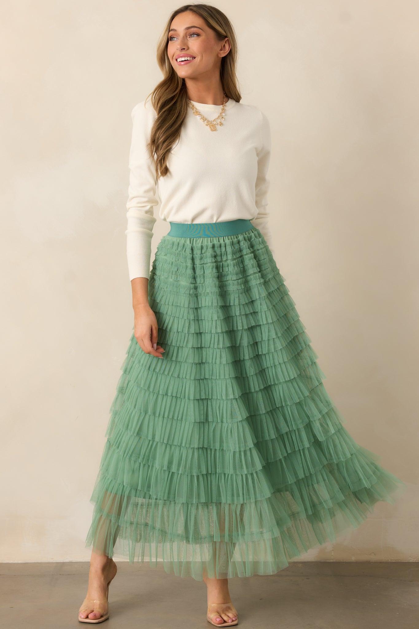 Garden Gathering Sage Tiered Ruffle Tulle Maxi Skirt Product Image