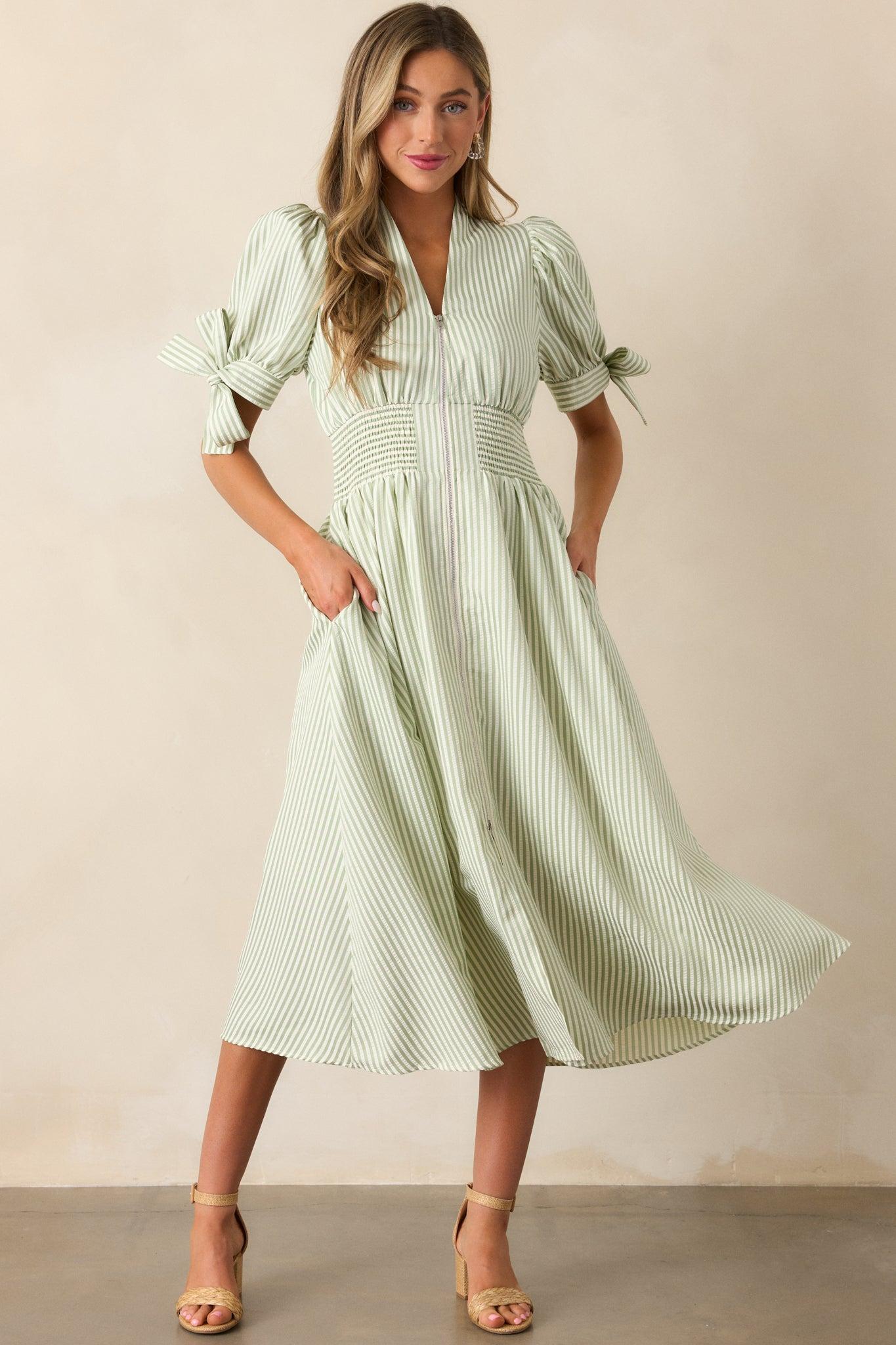 Afternoon Tea Green Stripe Zip Front Midi Dress Product Image