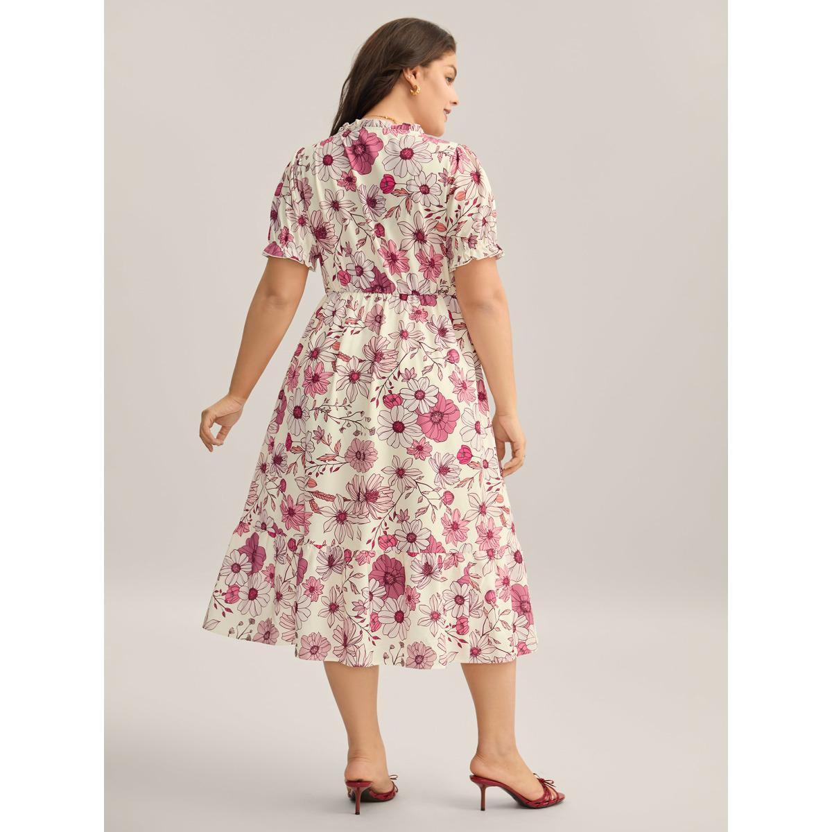 Plus Size Floral Print Neck Tie Tiered Maxi Dress Blush Women Flat collar with V-notch Short sleeve Curvy BloomChic 14-16/1X Product Image