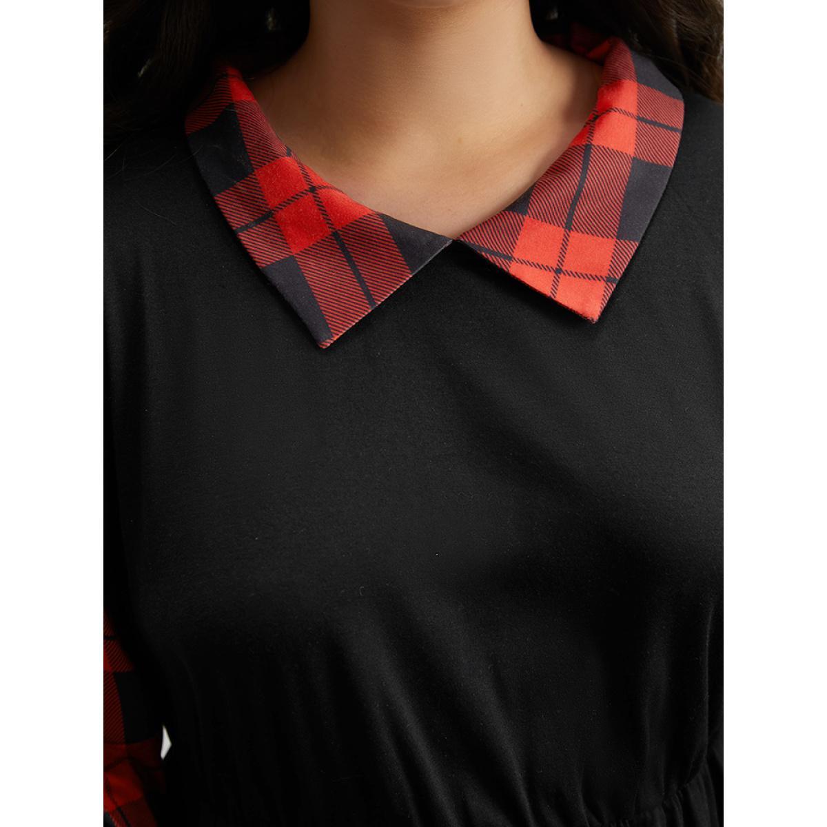 Plus Size Supersoft Essentials Plaid Patchwork Gathered Dress Black Women Casual Patchwork Lapel Collar Long Sleeve Curvy Knee Dress BloomChic 26/4X Product Image