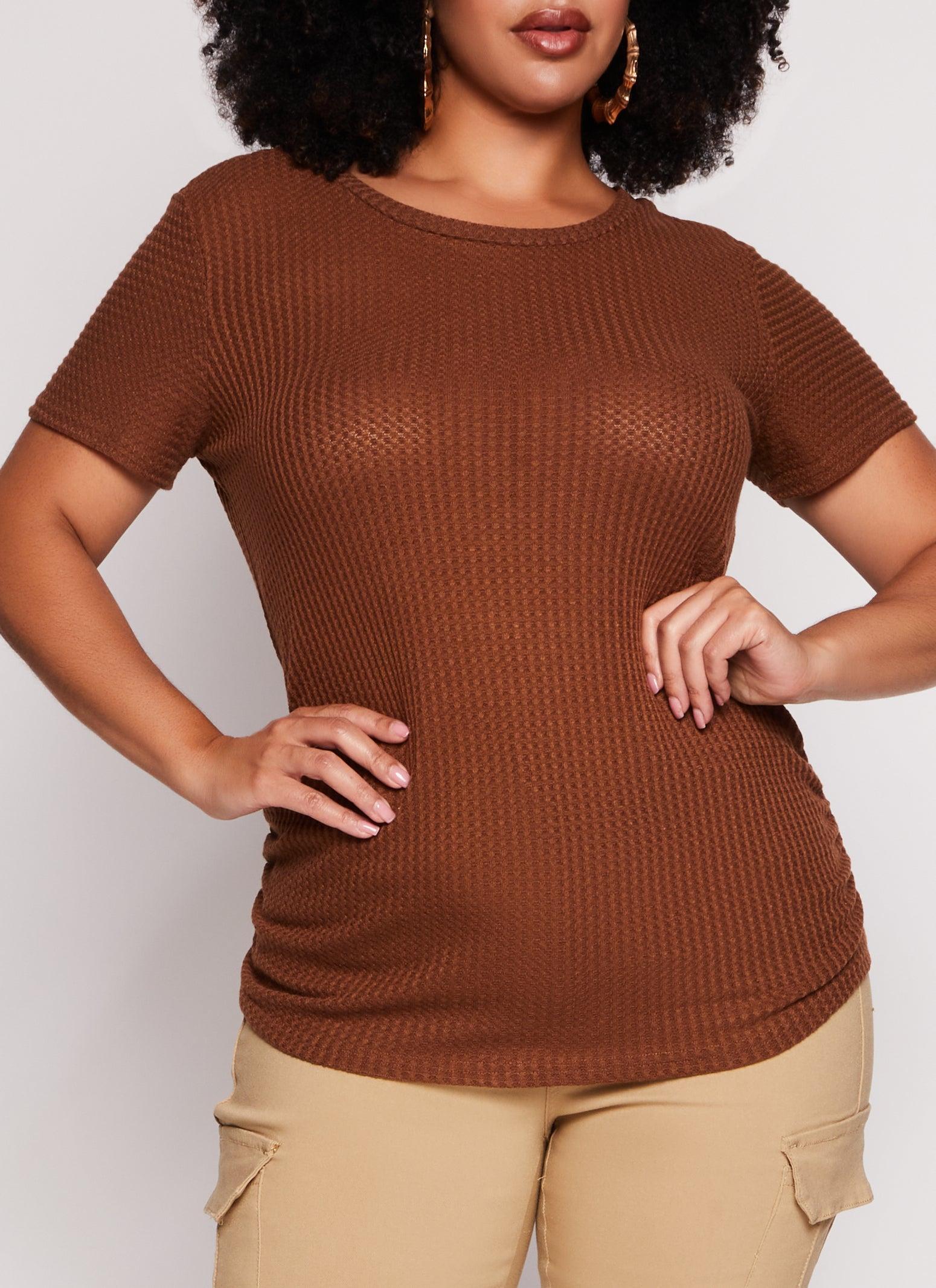 Womens Plus Size Waffle Knit Crew Neck Ruched Tee Product Image