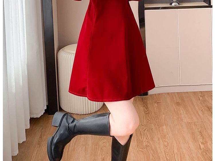 Long Sleeve Scoop Neck Lace Ruffle Trim Velvet Mini A-Line Dress Product Image