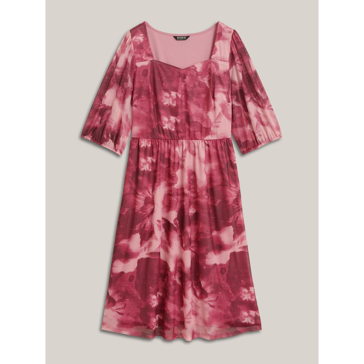 Plus Size Ombre Gradient Mesh Puff Sleeve Midi Dress RedViolet Women Elegant Heart neckline Elbow-length sleeve Curvy BloomChic 22-24/3X Product Image