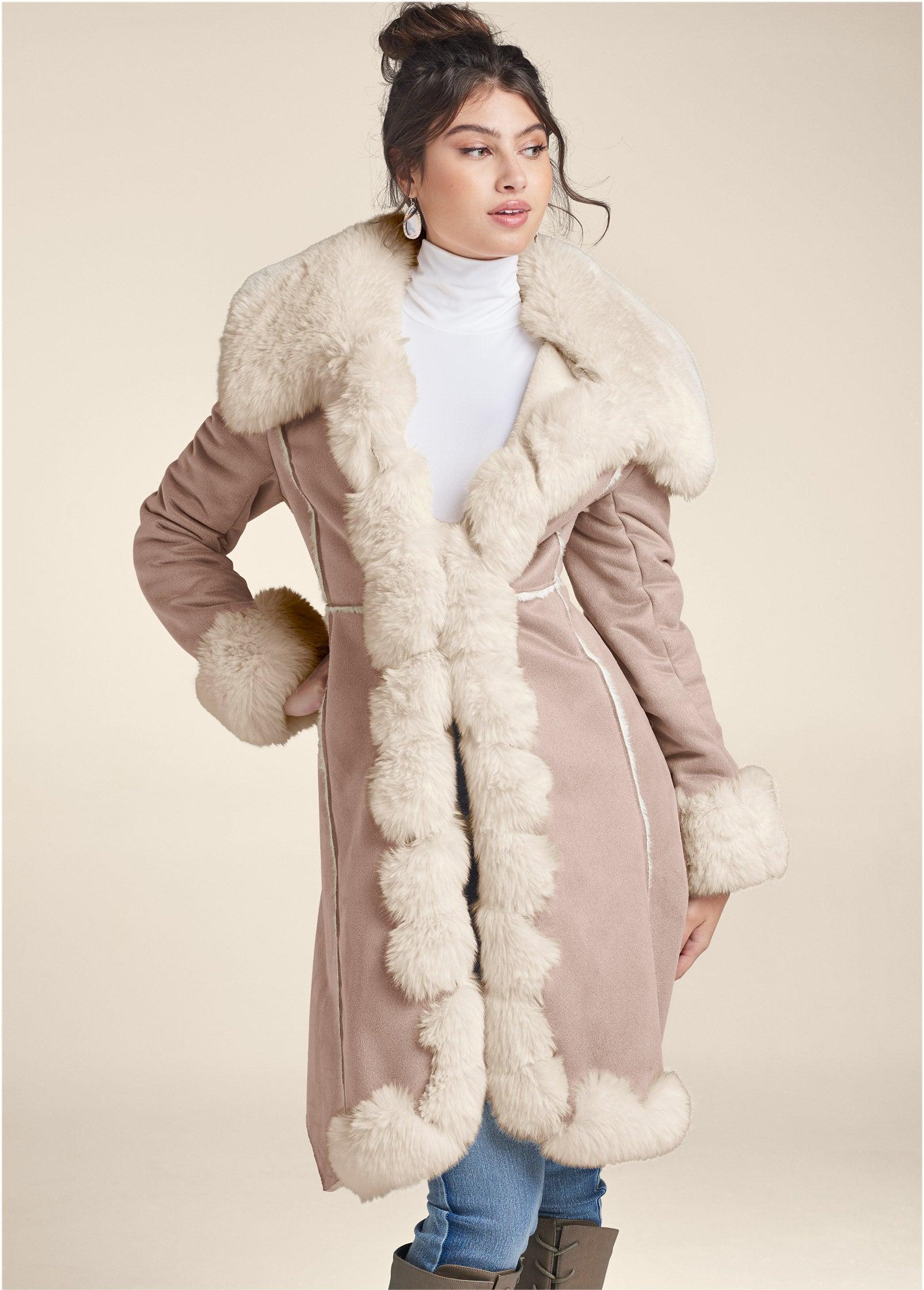 Faux-Suede-And-Fur Coat - Taupe & Off White Product Image
