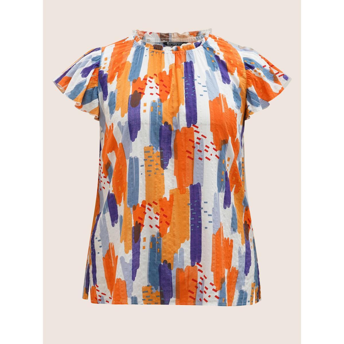 Plus Size Multicolor Brush Print Split Side Cap Sleeve Blouse Women Elegant Cap Sleeve Stand-up collar Everyday Blouses BloomChic 28/5X Product Image