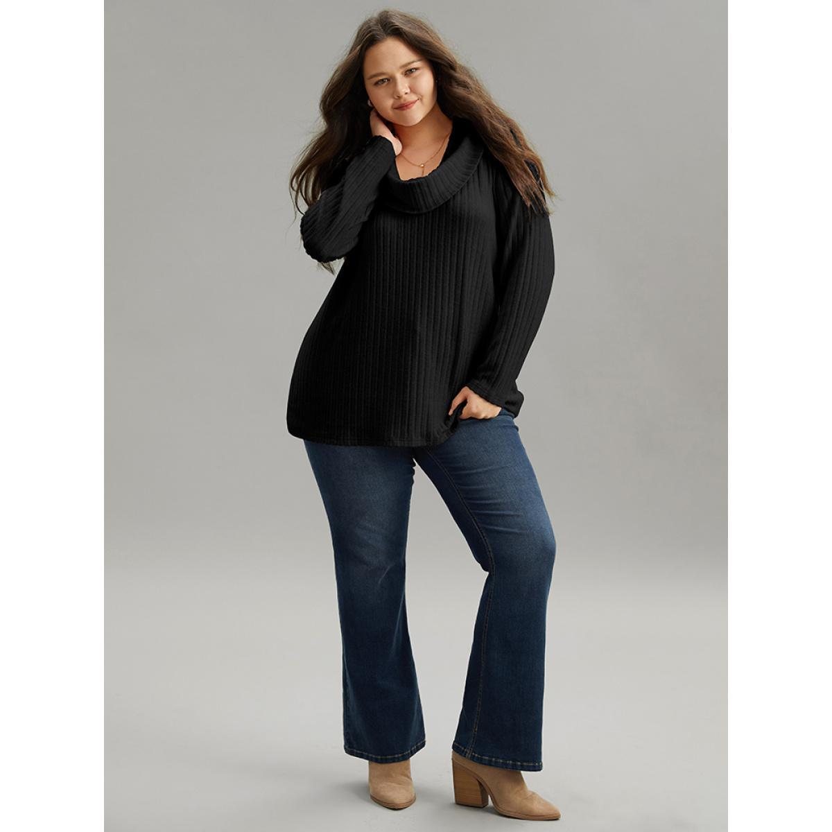 Plus Size Plain Rib Knit Cowl Neck T-shirt Black Women Elegant Texture Plain Ruffled collar Dailywear T-shirts BloomChic 22-24/3X Product Image