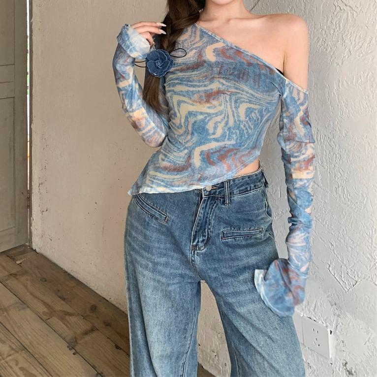 Long-Sleeve Off-Shoulder Tie Dye Asymmetrical Mesh Slim Fit Top Product Image