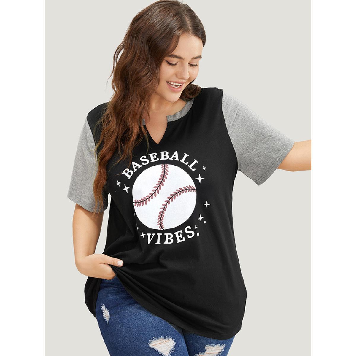 Plus Size Letter & Leaf Print Contrast Notched Neck T-shirt Black Women Casual Contrast Graphic Dailywear T-shirts BloomChic 18-20/2X Product Image