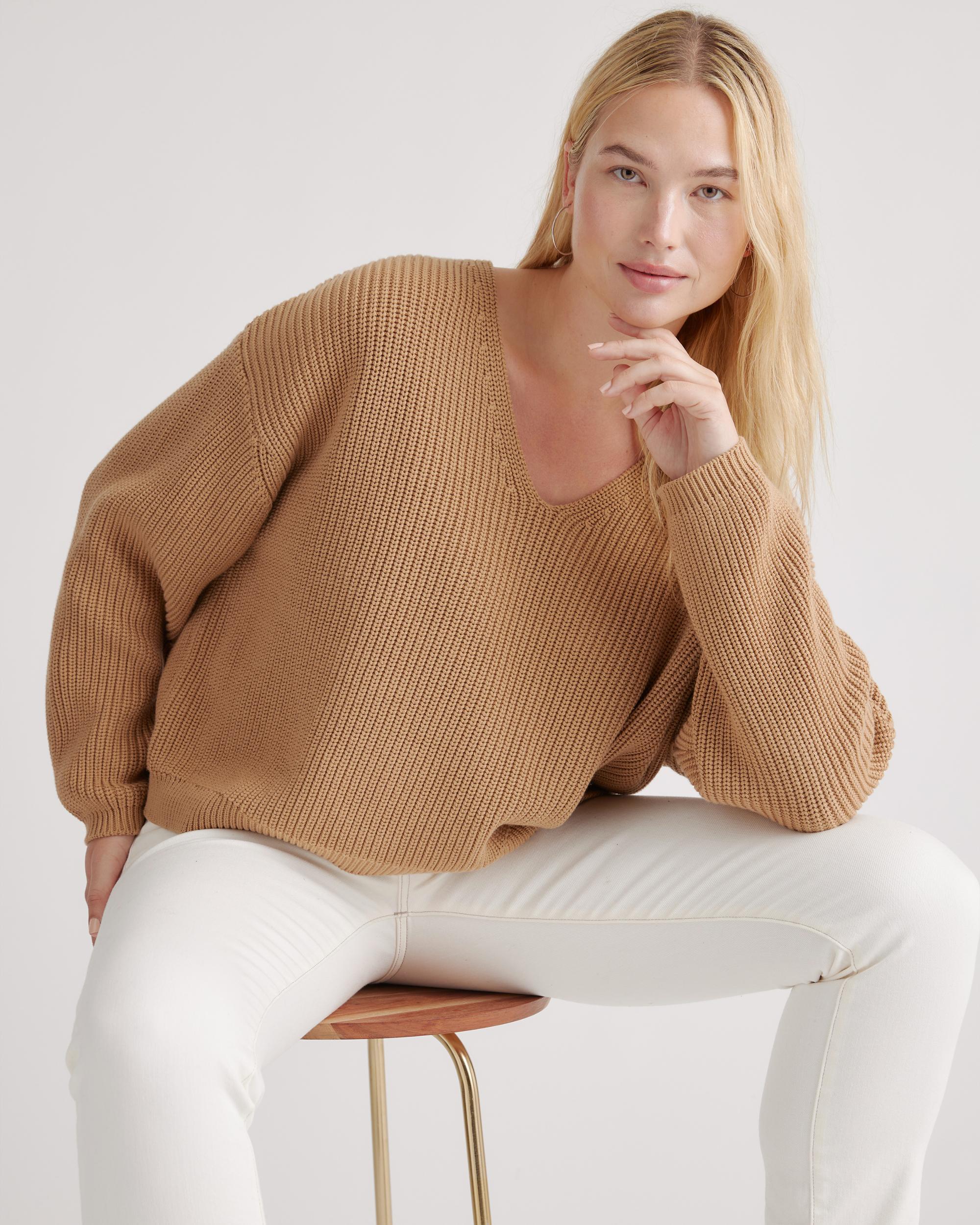 Quince | Women's Fisherman V-Neck Sweater Size XS, Organic Cotton Product Image