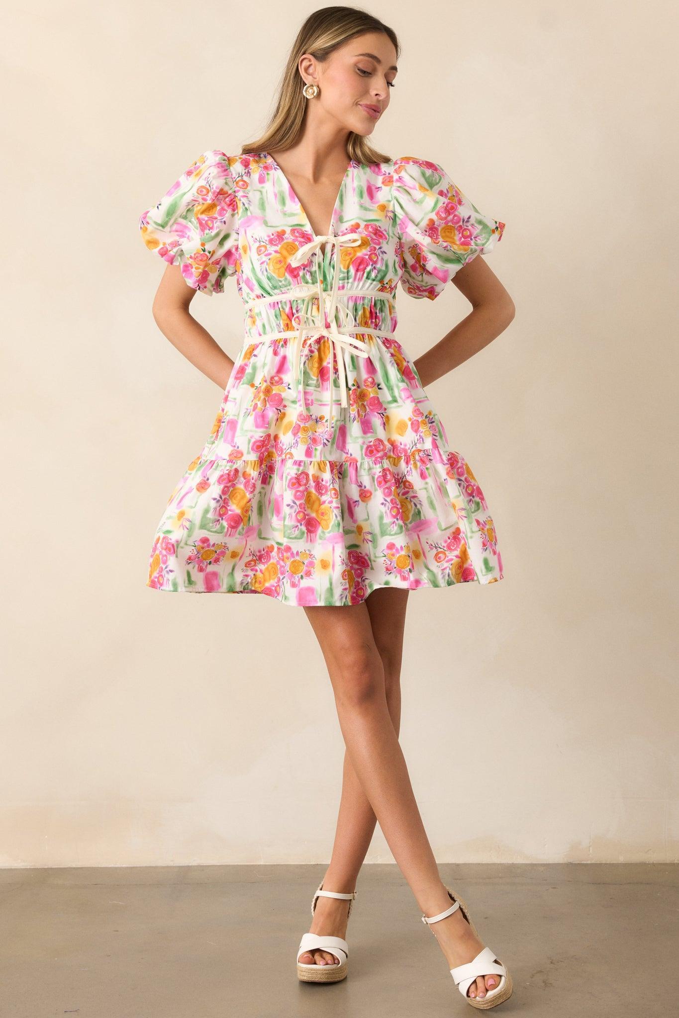 Yours Truly Pink Floral Cotton Puff Sleeve Mini Dress Product Image