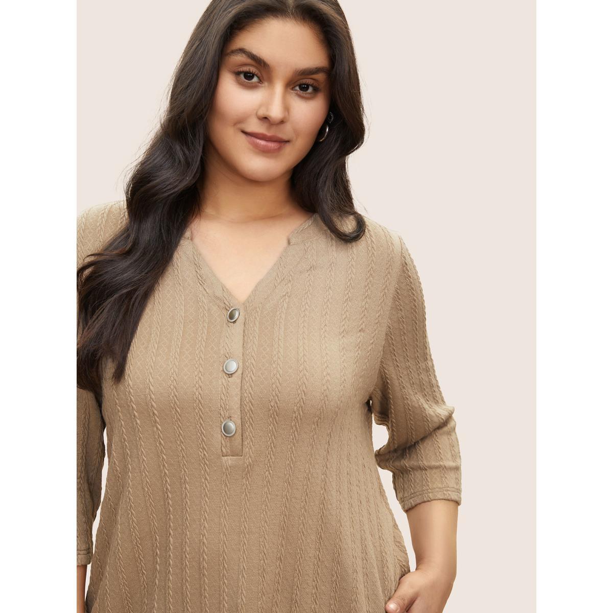 Plus Size Soldi Cable Knit Pocket Button Up T-shirt LightBrown Women Casual Non Plain V-neck Everyday T-shirts BloomChic 18-20/2X Product Image