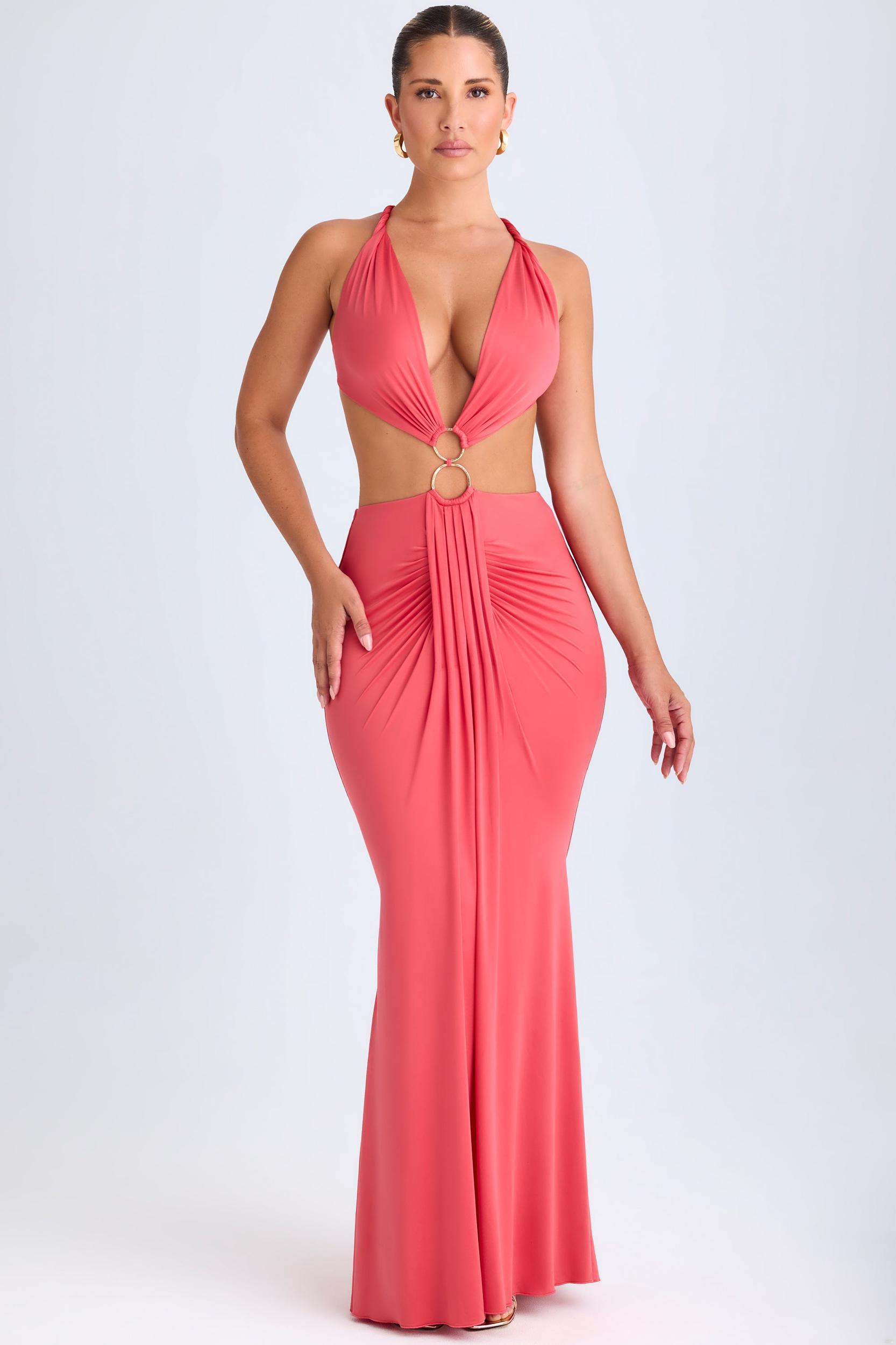 Hardware Detail Cut-Out Halterneck Maxi Dress in Coral Product Image