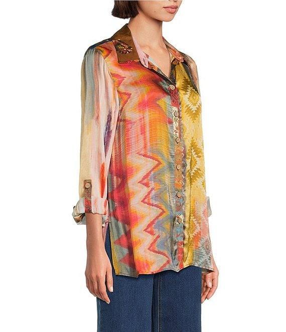 John Mark Chevron Tie-Dye Multi Print Point Collar Long Roll Tab Sleeve Button Front Blouse Product Image