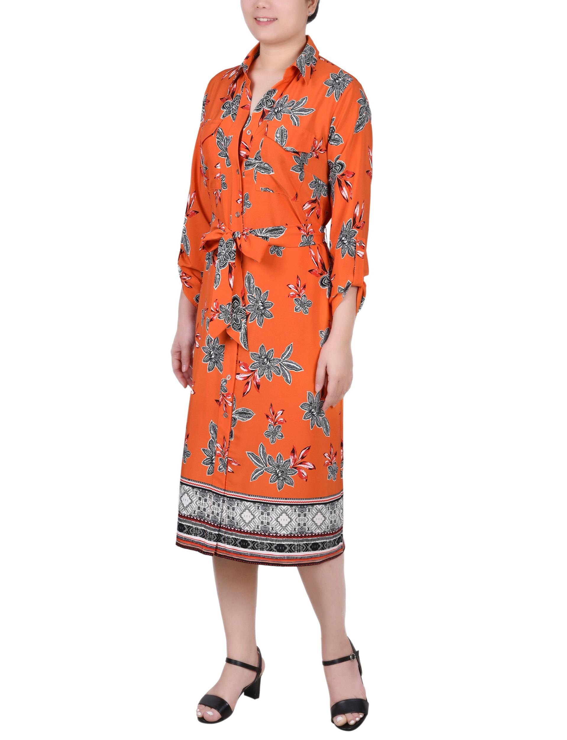 Cypress Inca Gold Navy Zigzag 3/4 Roll Tab Sleeve Belted Shirtdress - Petite Product Image