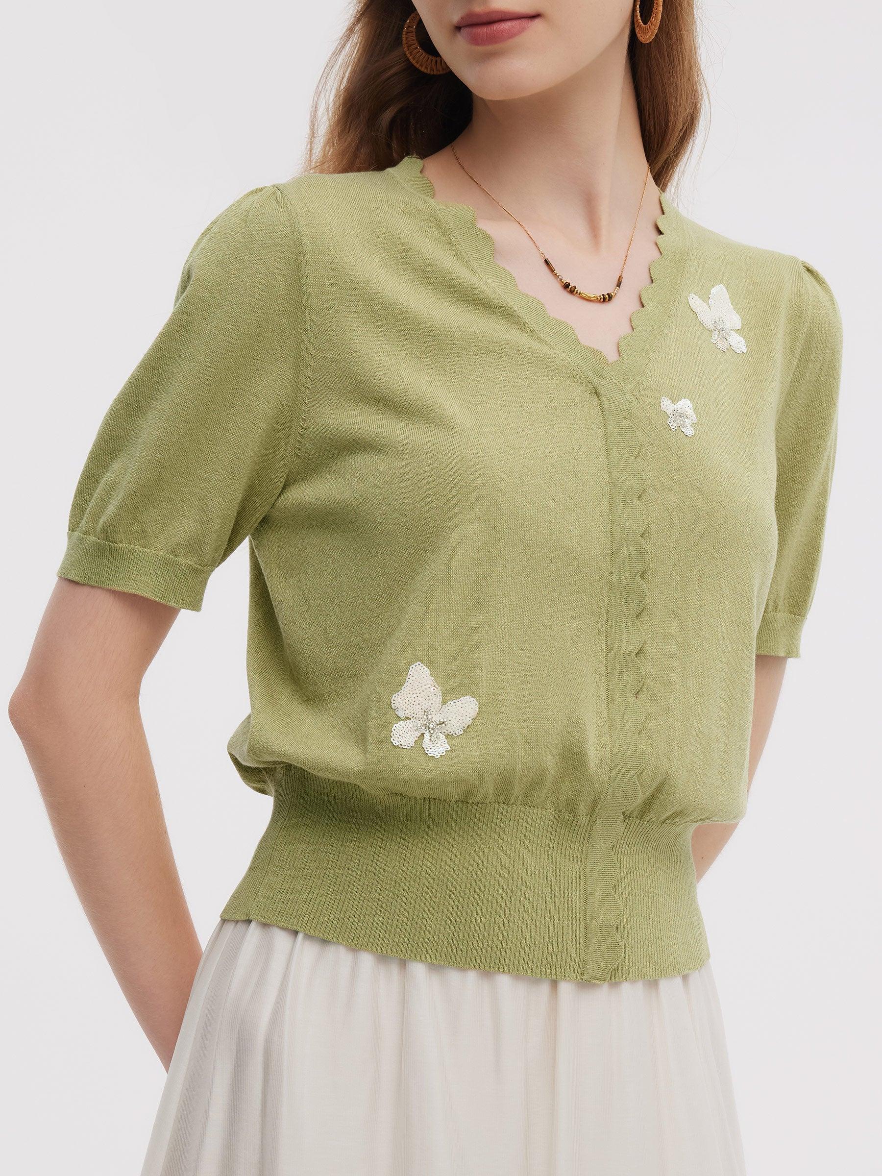 Tencel Blend Butterfly Embroidered Women Knit Top Product Image