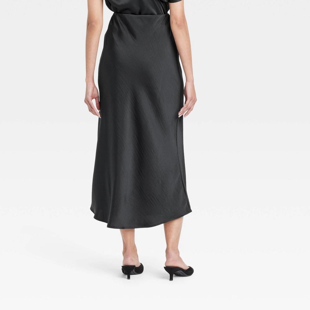 Womens Midi A-Line Skirt - A New Day Black XL: Recycled Polyester, Slim Fit, Elastic Waistband, Satin Fabric Product Image