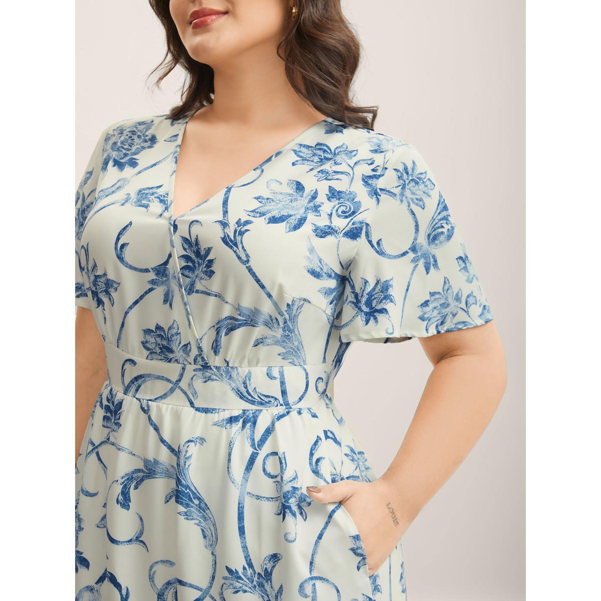 Plus Size Artistic Floral Pattern Surplice Neck Midi Dress Stone Women Overlap Collar Short sleeve Curvy BloomChic 12/L Product Image