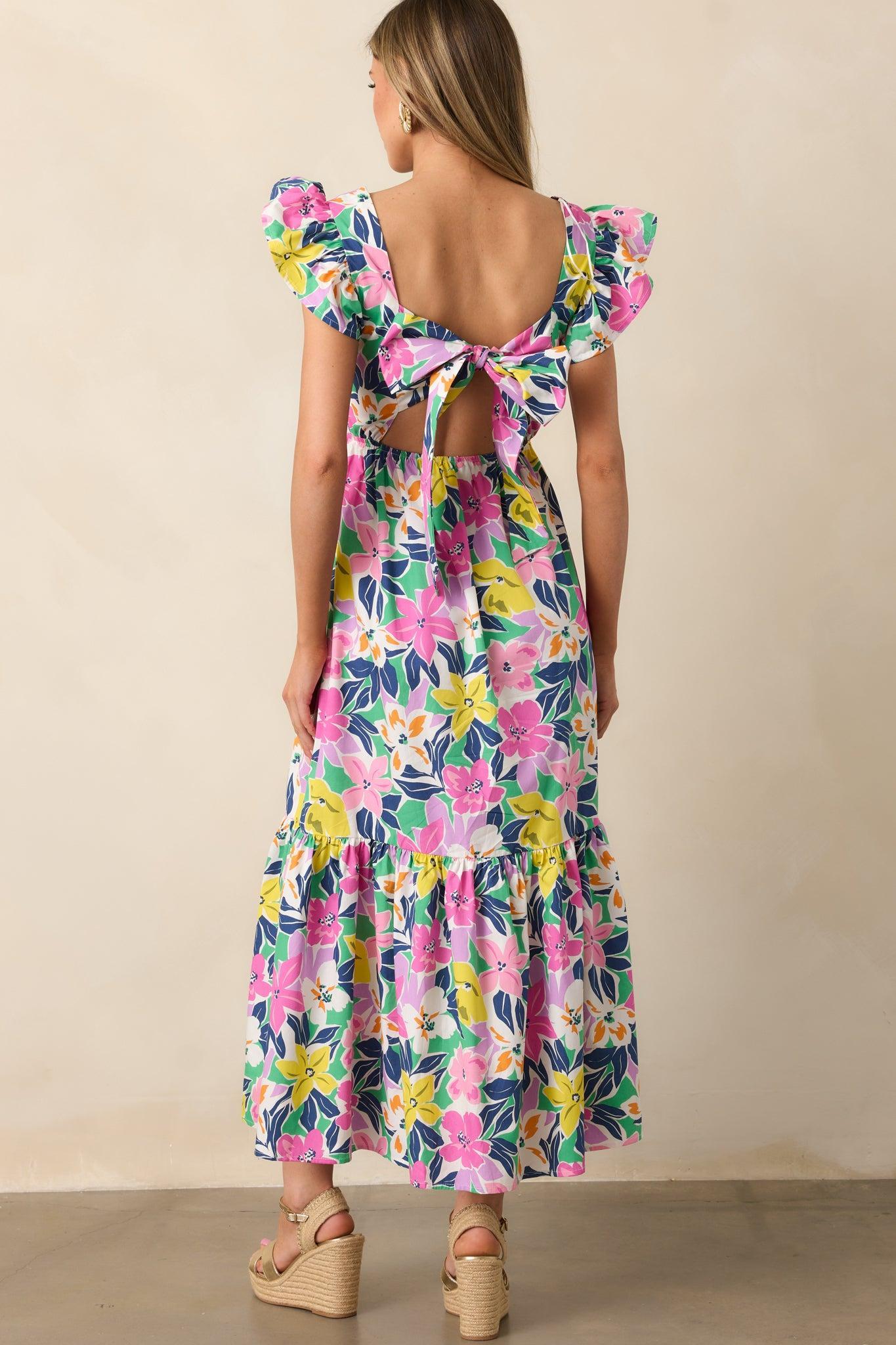 Blooming Shores Pink Tropical Floral Flutter Sleeve Maxi Dress Product Image