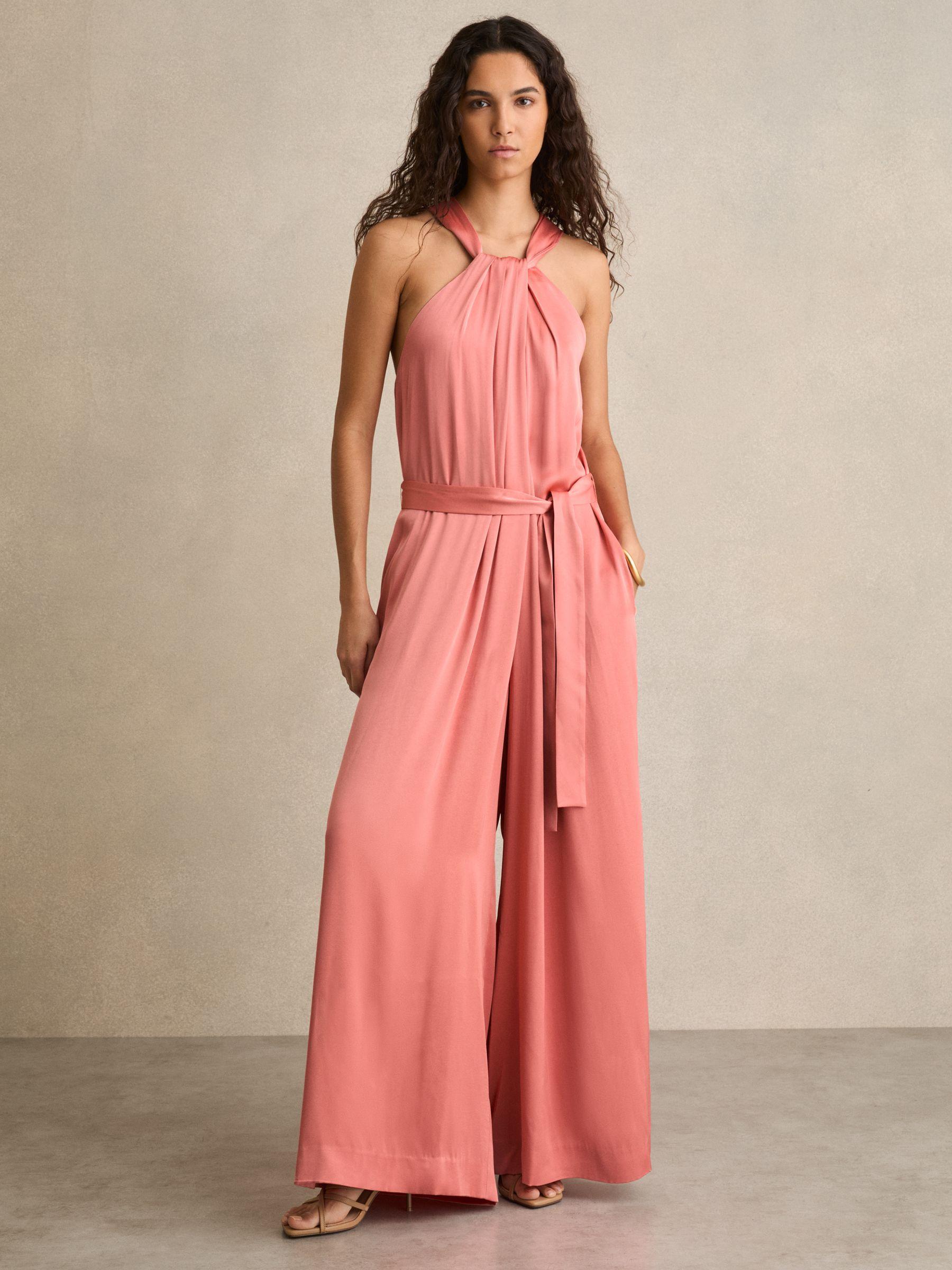 Linen Palm Print Halterneck Midi Dress in Neutral Product Image