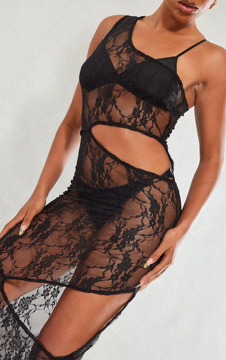 Black Sheer Lace One Shoulder Multi Cut Out Midaxi Dress Product Image