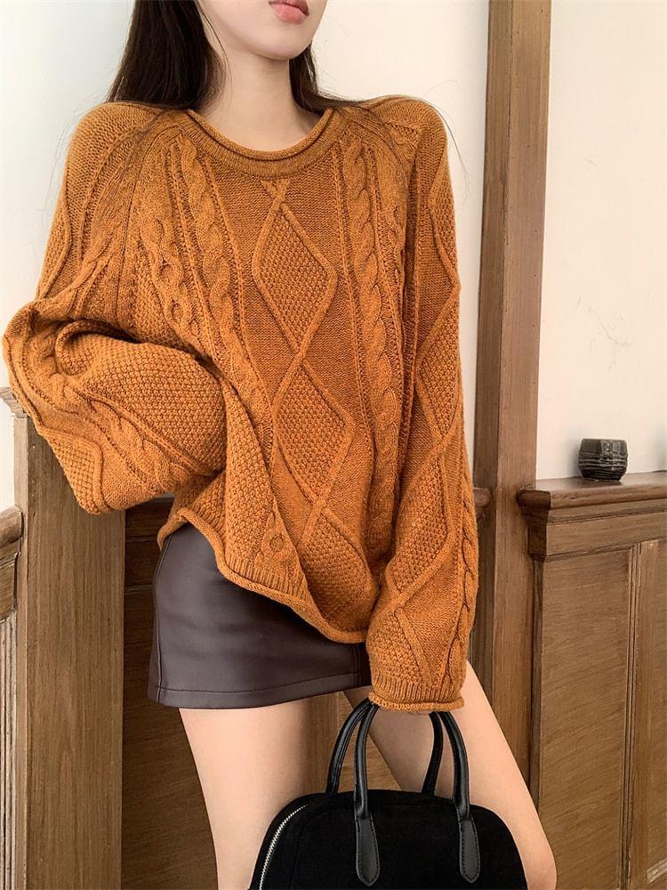 Crew Neck Plain Cable Knit Sweater Product Image