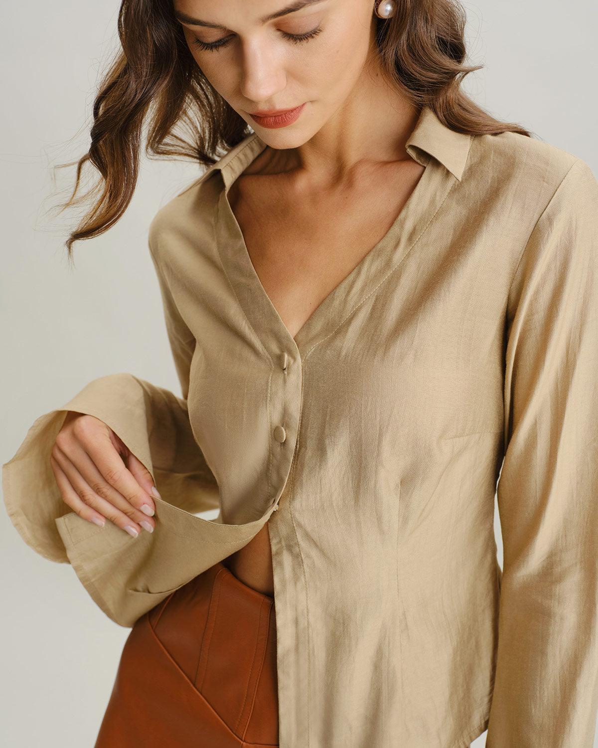 Khaki V Neck Bell Sleeve Shirt Product Image
