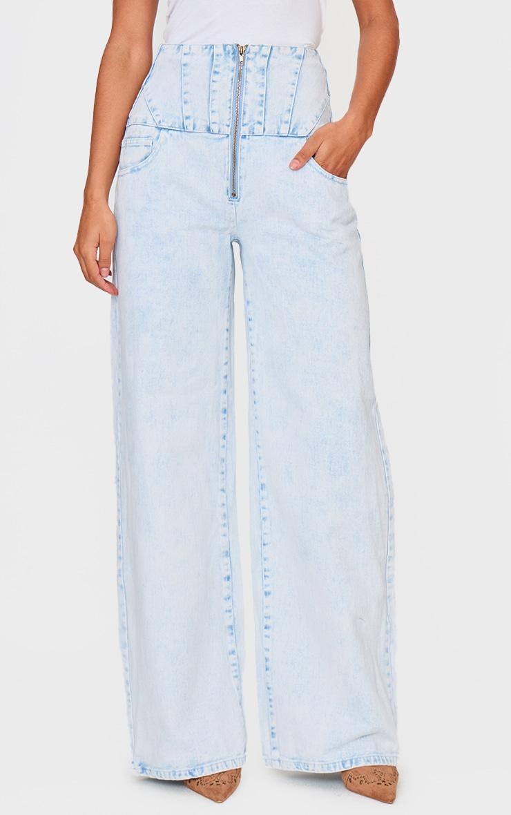 Light Blue Acid Wash Seam Detail Corset Waist Jeans Product Image