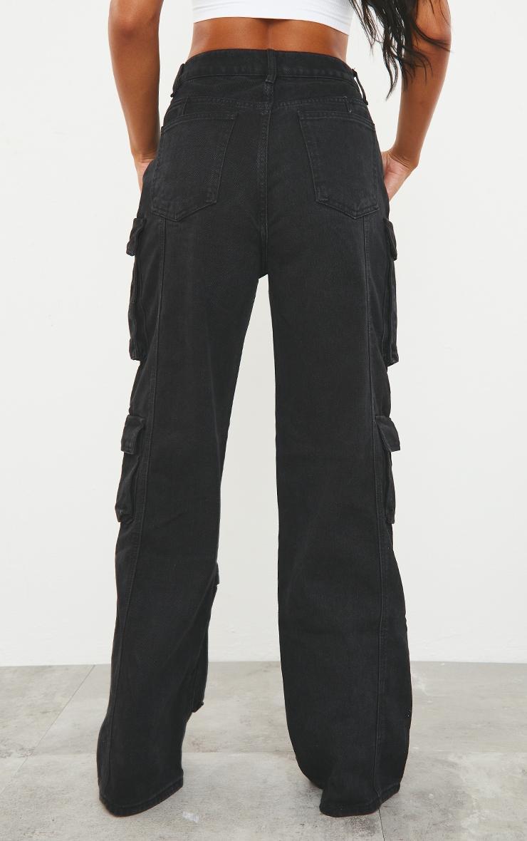 Washed Black Cargo Pocket Detail Wide Leg Jeans Product Image