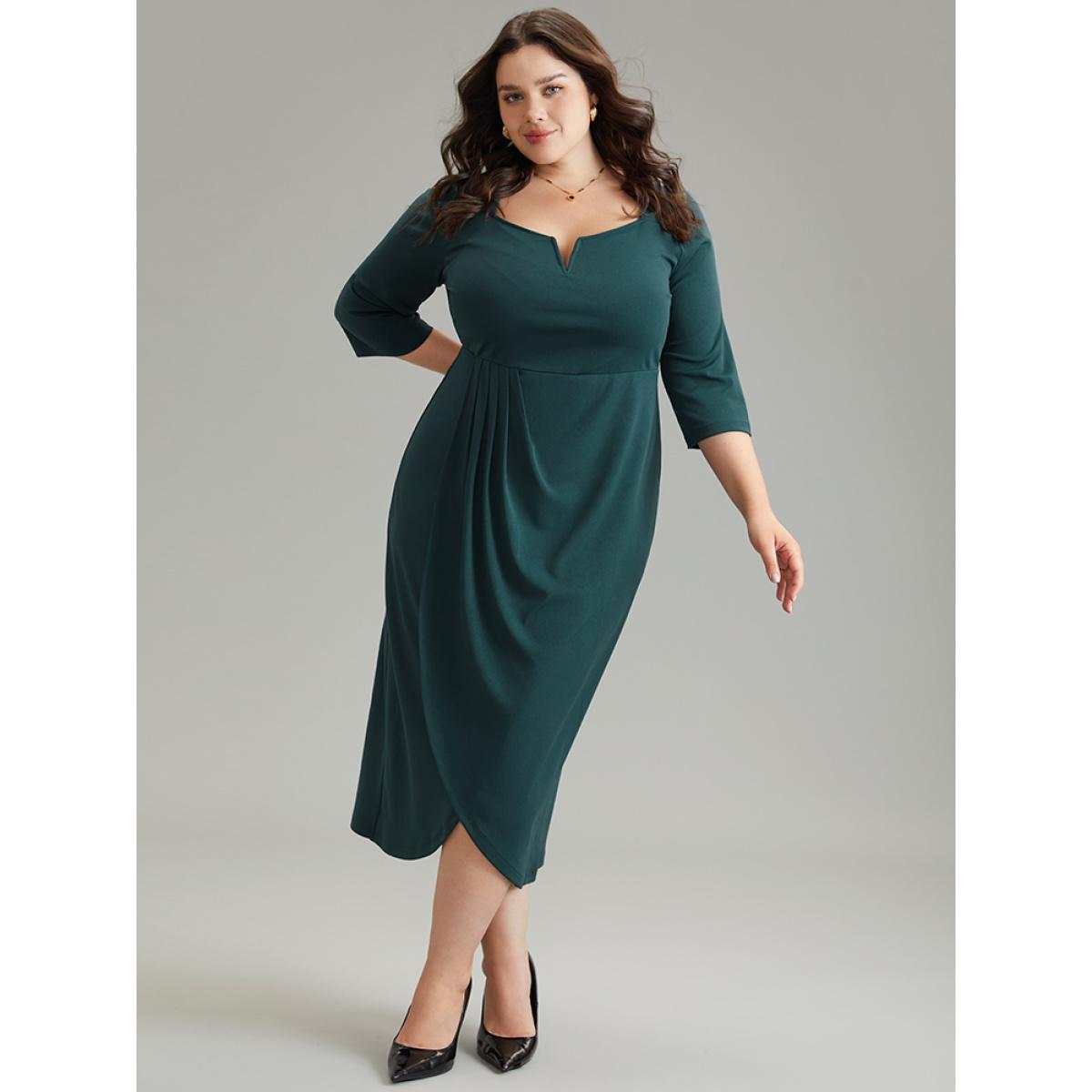 Plus Size Solid Notched Pleated Wrap Hem Dress Cyan Women Elegant Wrap Notched collar Elbow-length sleeve Curvy Midi Dress BloomChic 12/L Product Image