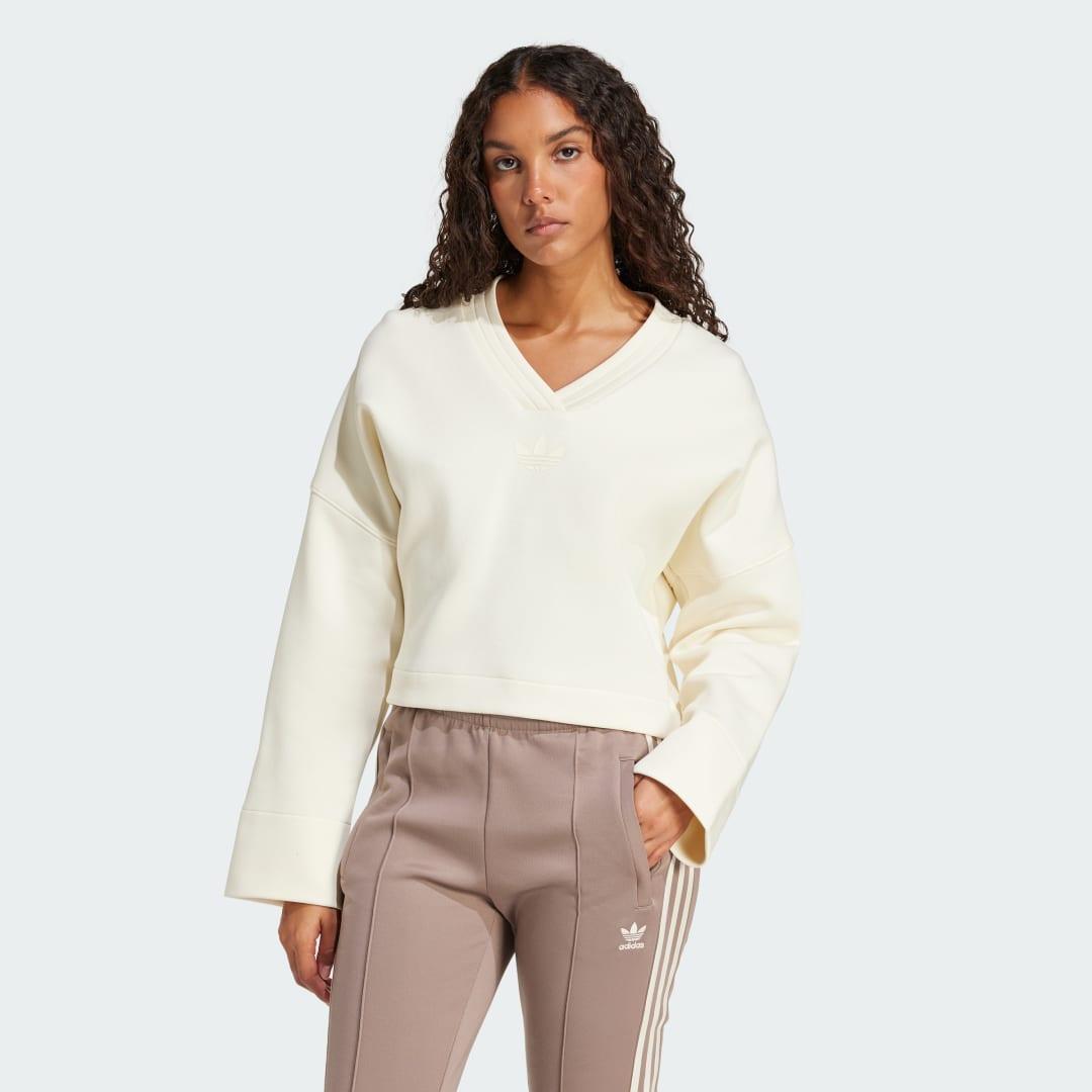 adidas Deep V-Neck Sweatshirt Ash Pearl XL Womens Product Image