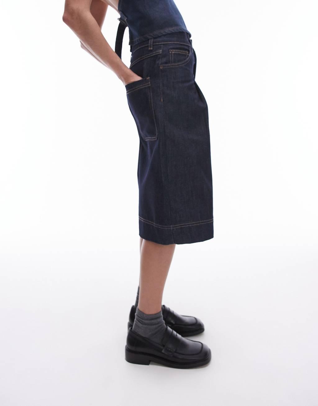 Topshop denim pleated jorts in raw indigo Product Image