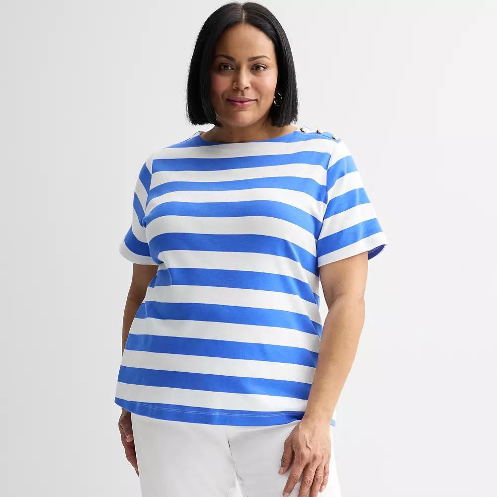 Plus Size Croft & Barrow® Button Shoulder Tee, Women's, Size: 1XL, Blue Clean Stripe Product Image