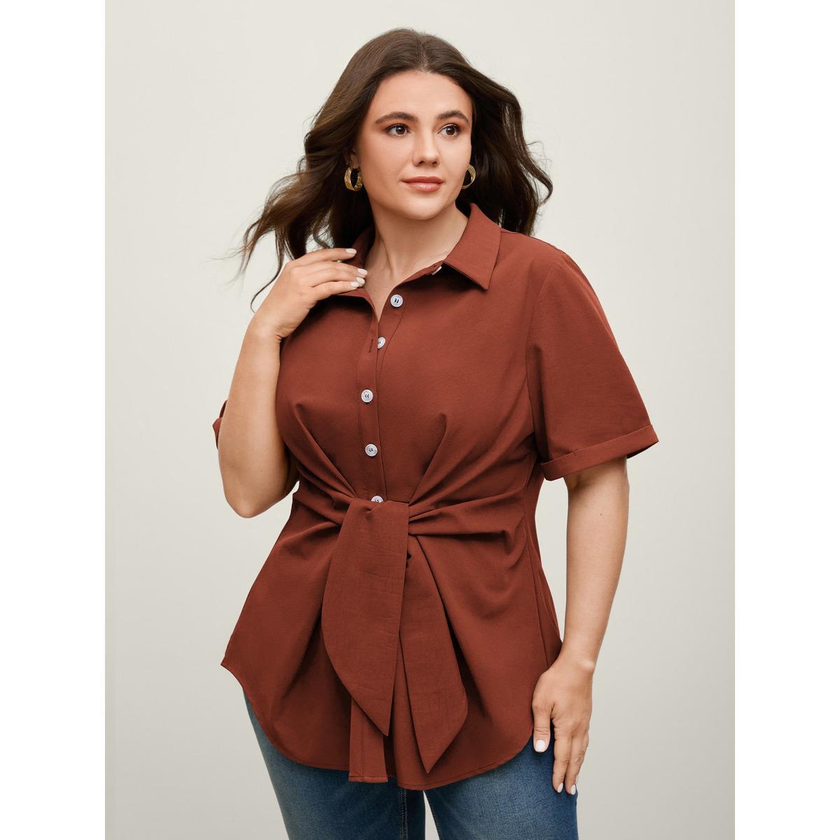 Plus Size ArmyGreen Knotted Front Asymmetrical Hem Blouse Women Short sleeve Shirt collar Work Blouses BloomChic 26/4X Product Image