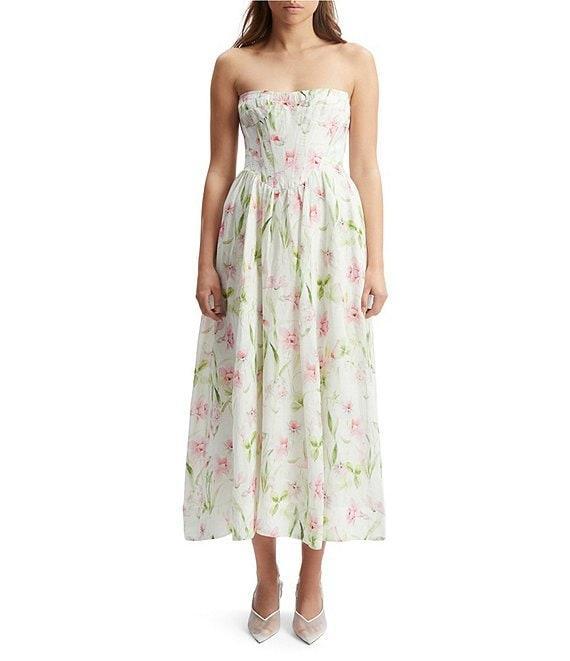 Bardot Lola Floral Print Strapless Neck Sleeveless Corset A-Line Midi Dress Product Image