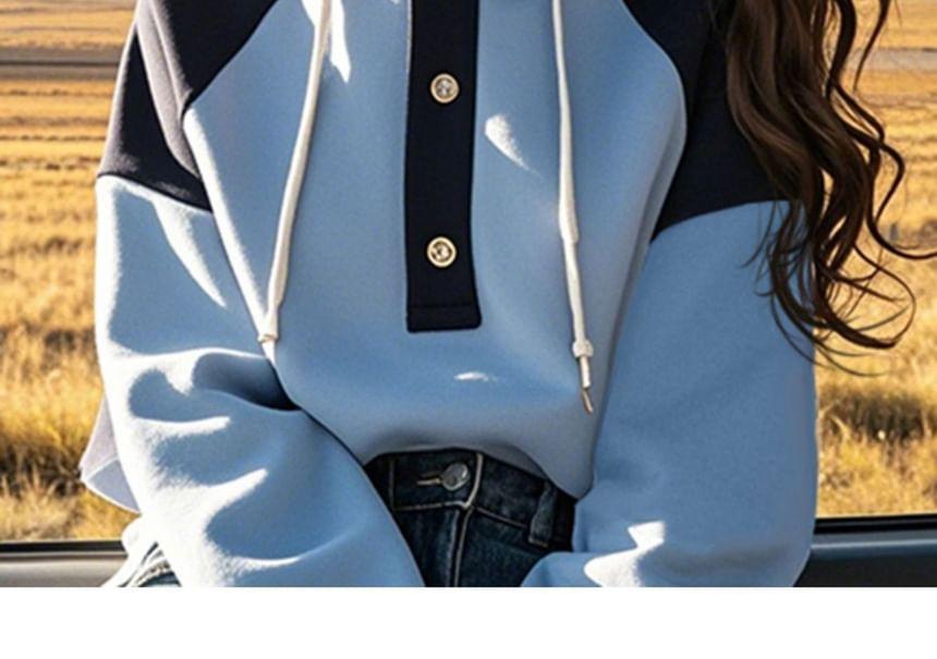 Raglan-Sleeve Henley Two Tone Drawstring Hoodie Product Image