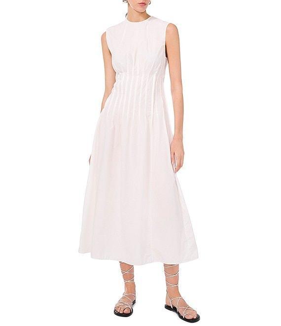 1. STATE Poplin Crew Neckline Sleeveless Pintuck Midi Fit And Flare Dress Product Image