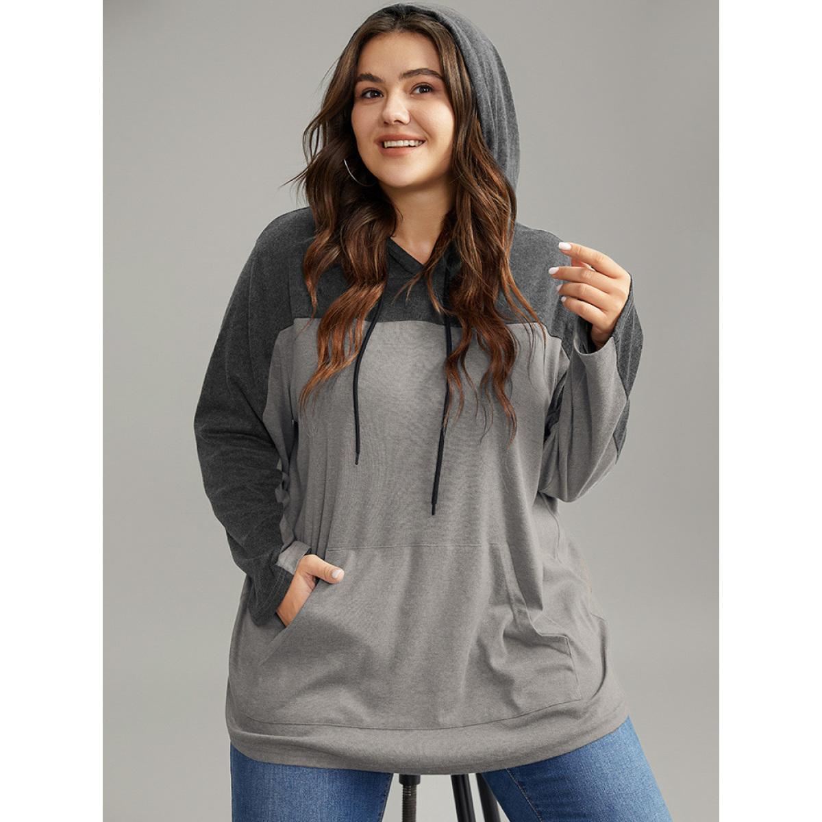 Plus Size Patchwork Contrast Pocket Hooded Drawstring T-shirt Gray Women Casual Contrast Plain Hooded Dailywear T-shirts BloomChic 22-24/3X Product Image