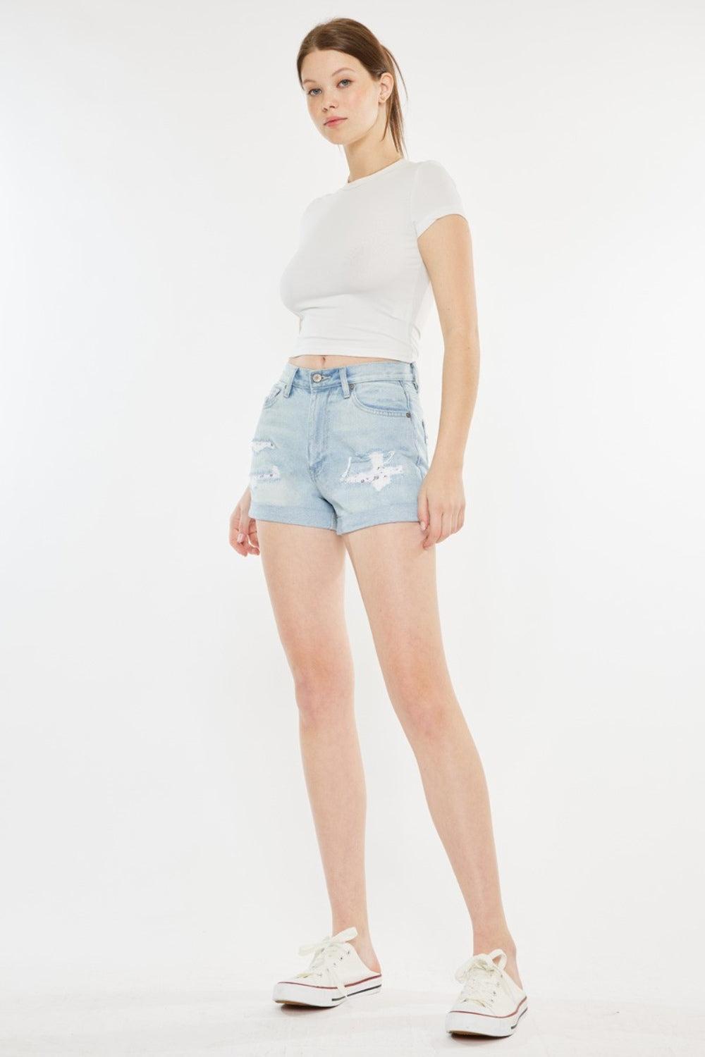 Kancan Light Wash High Rise Repaired Mom Denim Shorts Product Image