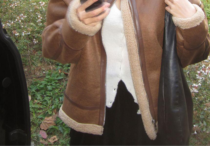 Stand Collar Faux Shearling Zip Jacket Product Image