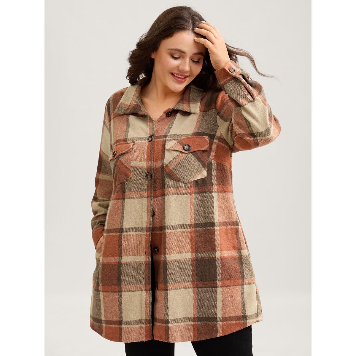 Plus Size Plaid Chest Pockets Long Jacket Women Rust Button Loose Side seam pocket Everyday Jackets BloomChic 12/L Product Image