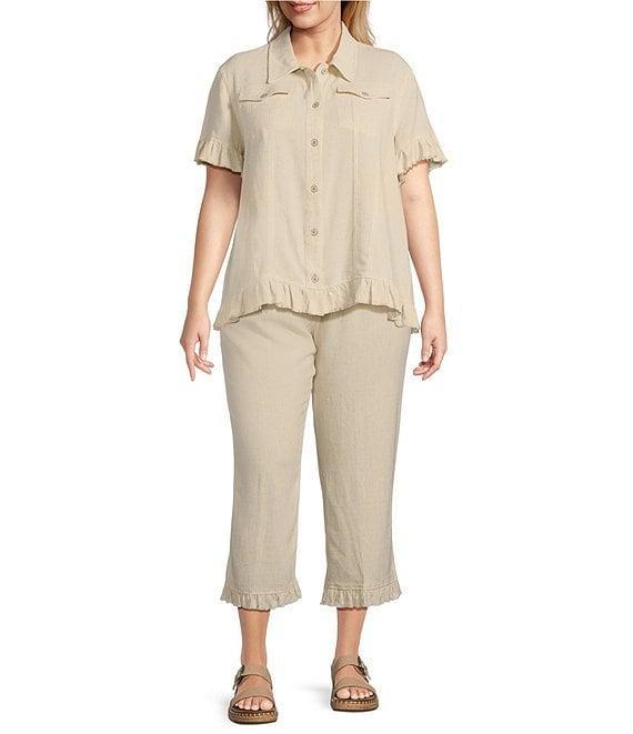 Multiples Plus Size Textured Slub Woven Point Collar Short Sleeve Ruffle Detail Fitted Button-Front Jean Jacket Product Image