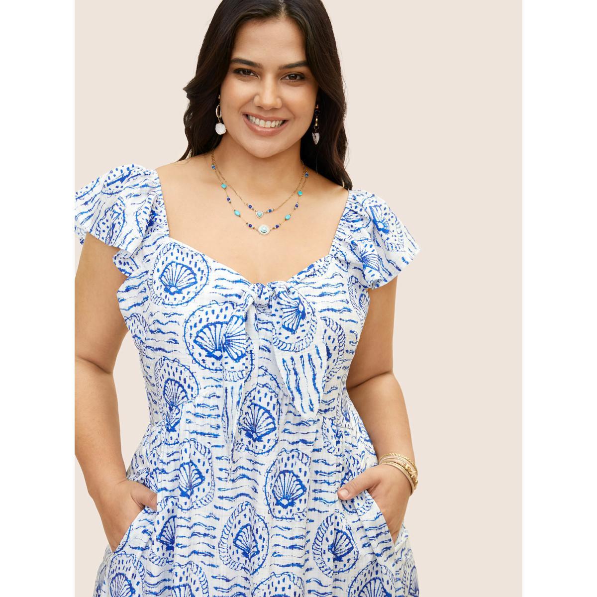 Plus Size Marine Elements Ruffles Tie Knot Maxi Dress LightBlue Women Resort Tie knot Heart neckline Cap Sleeve Curvy BloomChic 14-16/1X Product Image