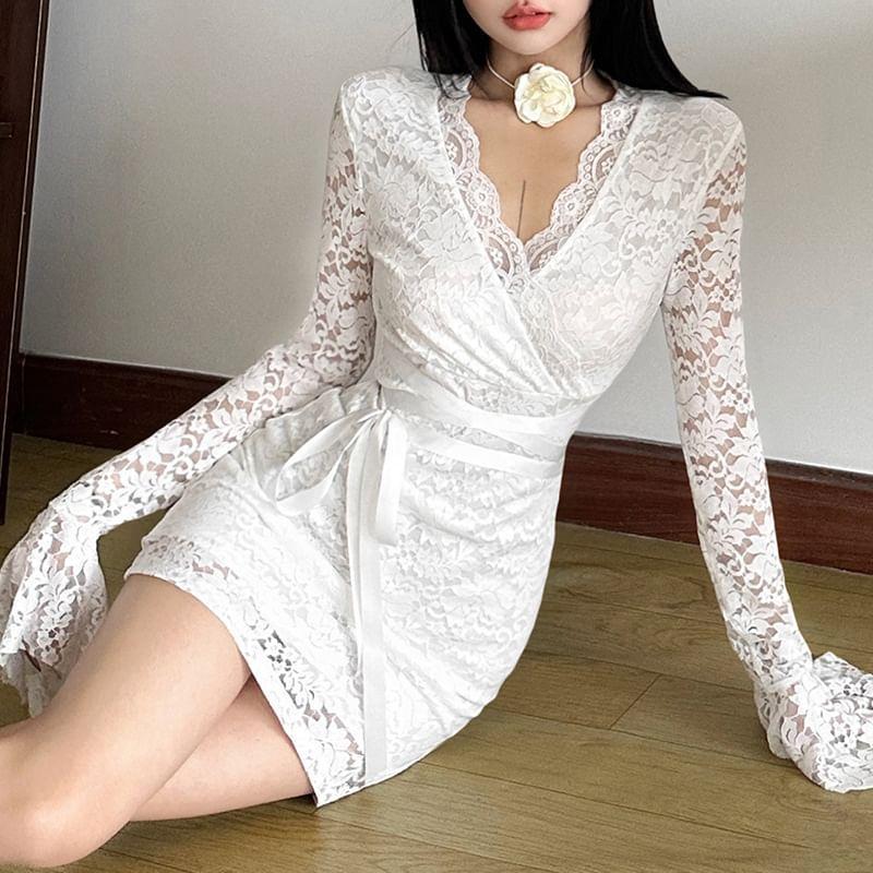 Bell Sleeve V-Neck Plain Lace Panel Slim-Fit Mini Bodycon Dress Product Image