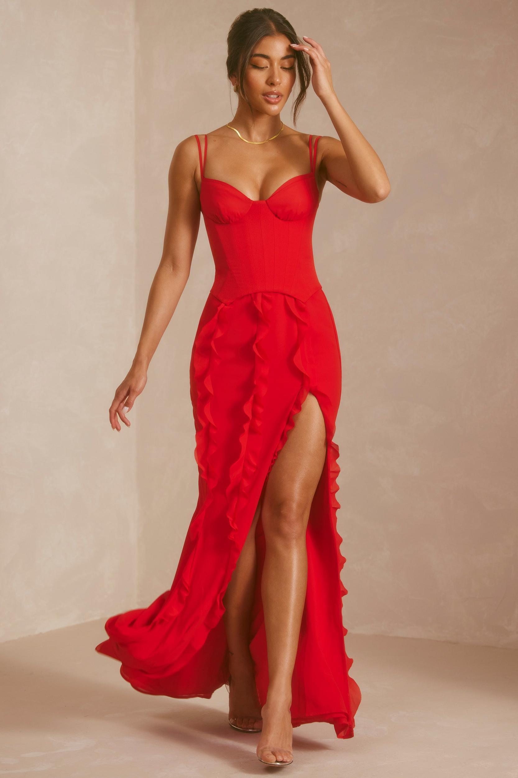 Corset Frill Skirt Maxi Dress in Scarlet Red Product Image