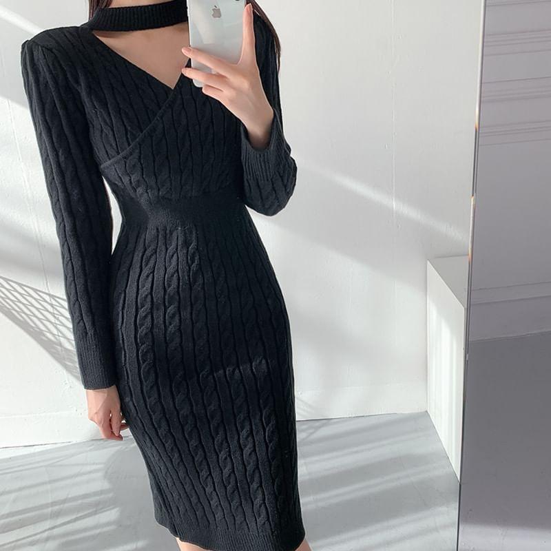 Long-Sleeve Choker-Neck Plain Midi Cable Knit Sweater Dress Product Image