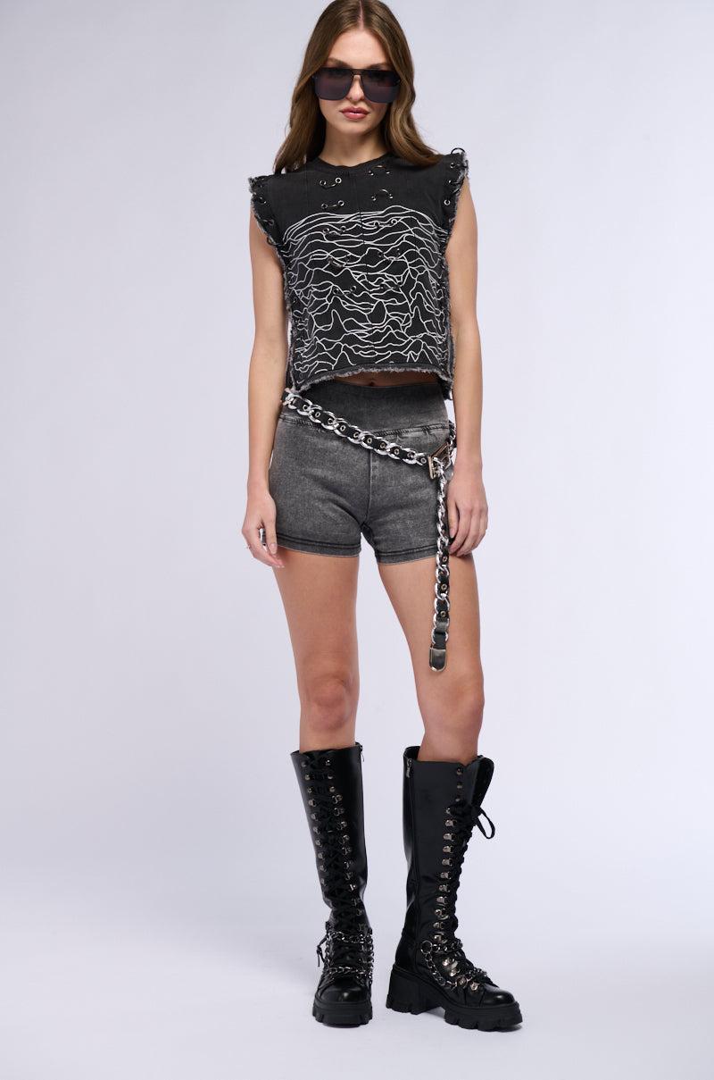 THE FLEX FIT DENIM BIKER SHORT IN BLACK DENIM Product Image