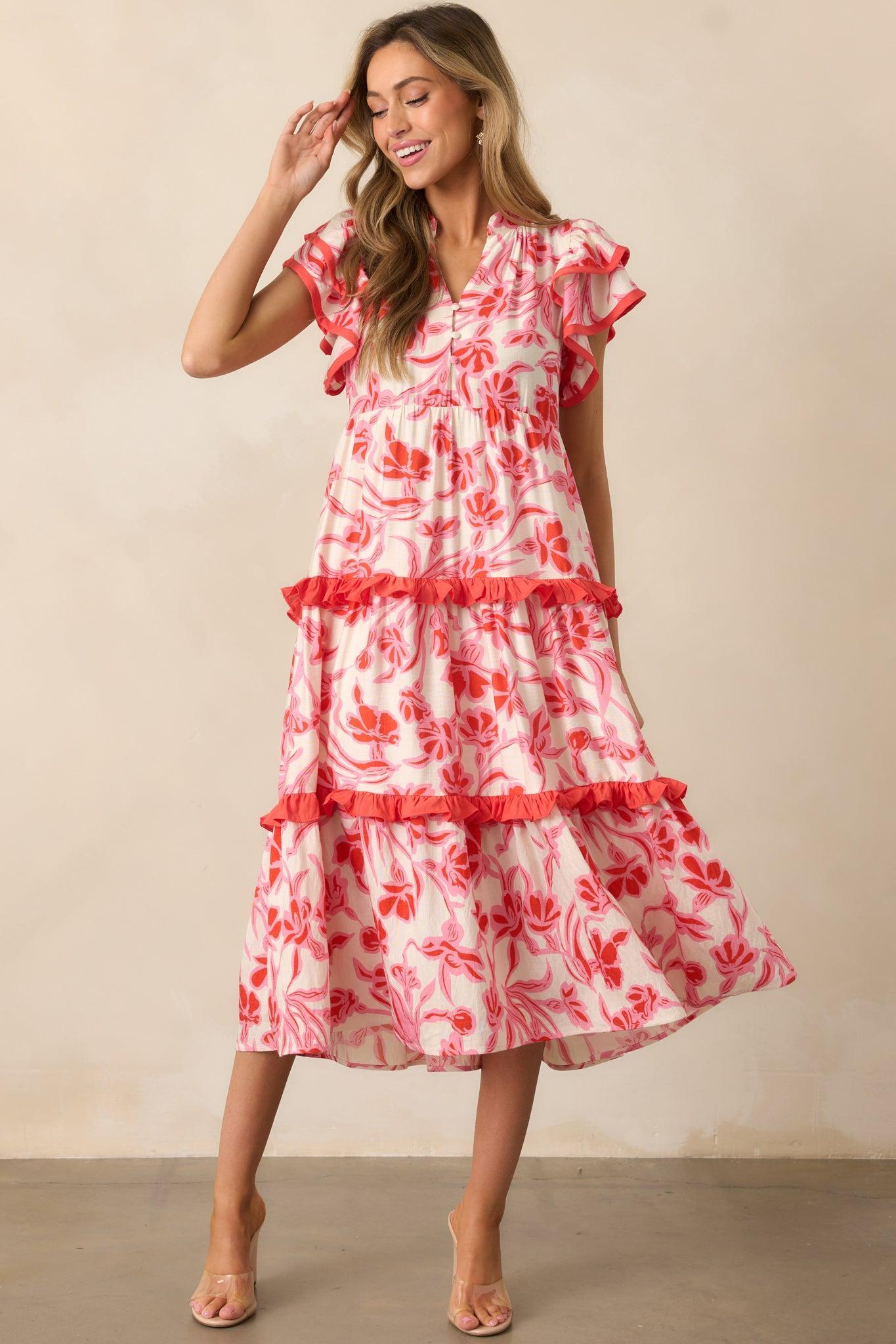 Just Right Pink Floral Flutter Sleeve Midi Dress Product Image