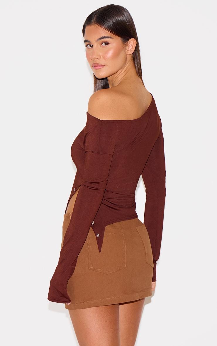 Chocolate Slinky Popper Detail Asymmetric Neck Long Sleeve Top Product Image